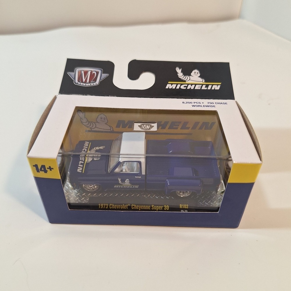 M2 Machines 1/64 blue Michelin 1973 Chevrolet Cheyenne Super 30 dually